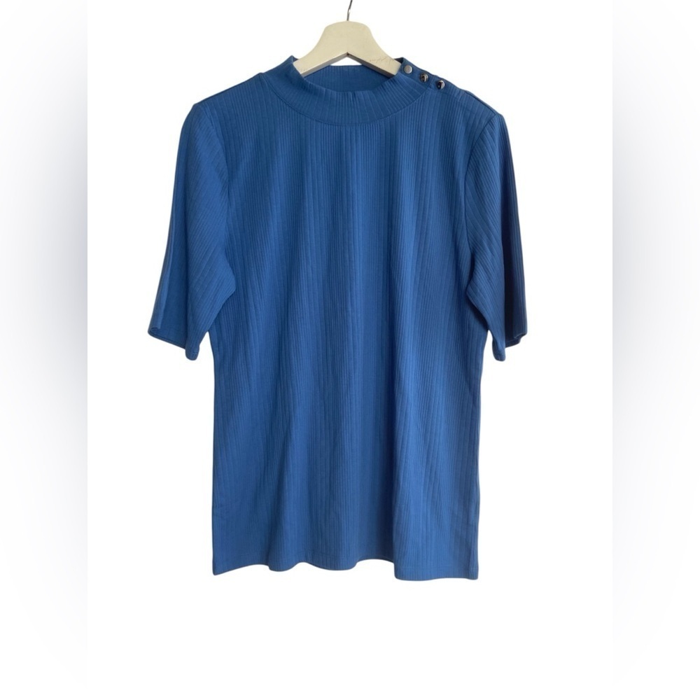 Talbots Ribbed Mock Neck Tee Capri Blue Size Large NEW